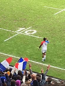 Homme debout, de dos, vu depuis le haut des tribunes. Des spectateurs avec des drapeaux sont au premier plan.