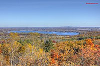 Flat landscape with lake in background and fall-colored orange and yellow trees