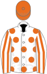 White, Orange spots, striped sleeves, Orange cap