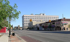 Woodward Avenue looking north just past Grand Boulevard at the Lakeshore Global Building