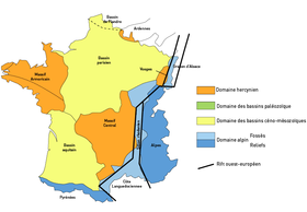 Le Bassin parisien parmi les domaines géologiques de France.