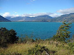 Lago General Carrera / Lago Buenos Aires. Sjöns turkosa färg beror på sediment från glaciärer.