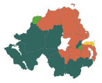 Wyniki wyborów parlamentarnych w 2019 roku w Irlandii Północnej (dwa i pół miesiąca przed brexitem), kolorem ciemnozielonym zaznaczono jednomandatowe okręgi wyborcze, w których zwyciężyło Sinn Féin, pomarańczowym – Demokratyczna Partia Unionistyczna, żółtym – Alliance Party, a jasnozielonym – Socjaldemokratyczna Partia Pracy
