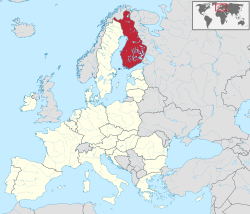  Finlands placering  (rød) – på det europæiske kontinent  (cremefarvet og grå) – i den Europæiske Union  (cremefarvet)  –  [Forklaring]