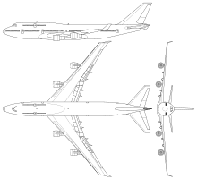 Three-view diagram of the Boeing 747-400