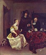 Женщина, играющая на виоле перед двумя мужчинами. Между 1667 и 1668. Холст, масло. Национальная галерея, Лондон