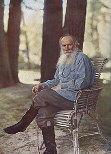 Tolstoy on 23 May 1908 at Yasnaya Polyana,[1] Lithograph print by Sergey Prokudin-Gorsky
