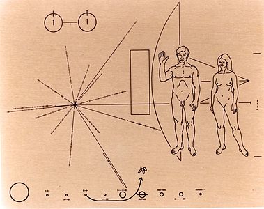 The Pioneer plaques are a pair of gold-anodized aluminium plaques placed on board the 1972 Pioneer 10 and 1973 Pioneer 11 spacecraft, featuring a pictorial message in case they are rediscovered