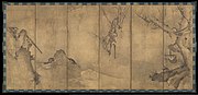 Sesson Shūkei (雪村 周継), Gibbons in a Landscape, ink on Xuan paper, 62 in. x 11 ft. 5 in. (157.5 x 348 cm), 1570, Japan. Collected by the Metropolitan Museum of Art.[86]