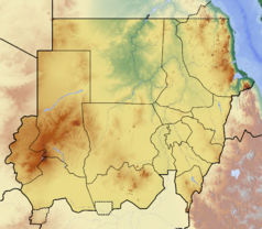 Mapa konturowa Sudanu, po lewej nieco na dole znajduje się czarny trójkącik z opisem „Deriba Caldera”