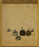 Muqi (法常; 牧谿, 1210?–1269?), Six Persimmons, Chinese: 六柿圖, ink on Xuan paper, 13th century, Southern Song (Chinese). Collected in Daitokuji, Kyoto, Japan.