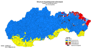Carte majoritairement bleue où apparaissent des zones jaunes (Hongrois) au sud et rouges (Ruthènes) à l'est.