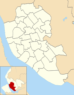 Mapa konturowa Liverpoolu, blisko centrum u góry znajduje się punkt z opisem „Knotty Ash”