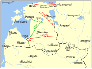 Three Russian campaigns are visible in 1558, 1559 and 1560, all from east to west. One Polish–Lithuanian campaign in 1561 is shown advancing up the central part of Livonia. Refer to the text for details.