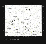 This chart shows the large southern constellation of Centaurus (the Centaur) and shows most of the stars visible with the naked eye on a clear dark night. The location of the closest star to the Solar System, Proxima Centauri, is marked with a red circle. Proxima Centauri is too faint to see with the unaided eye but can be found using a small telescope.