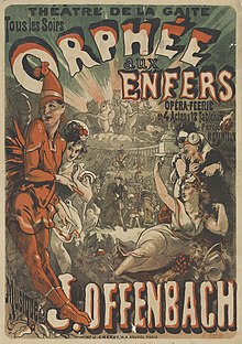theatre poster with extravagant lettering and showing characters from the operetta