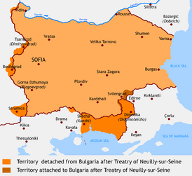 Болгария после Первой мировой войны. Тёмно-оранжевым цветом выделены территории, переданные Турцией в 1915 году и оставшиеся в составе Болгарии.