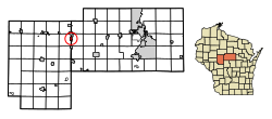 Location of Colby in Clark County and Marathon County, Wisconsin.