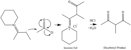 Enamine nucleophile attacks acetyl chloride to form a dicarbonyl species