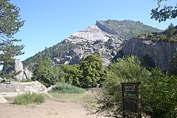 Vue de l'éboulis issu de l’écroulement depuis le fond de la vallée.