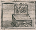 The Twelfth Book of the Florentine Codex shows the heads of captured Spanish soldiers and their horses displayed on a tzompantli in front of the Temple of Huitzilopochtli.