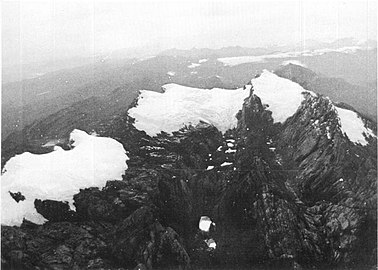 Puncak Jaya glaciers in 1972. Left to right: West Northwall Firn, East Northwall Firn, Meren Glacier (now disappeared), and Carstensz Glacier. See also animation.