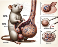 An incorrect diagram of the anatomy of a rat, showing large testicles that are the size of its head and a large penis that towers over the rat itself.