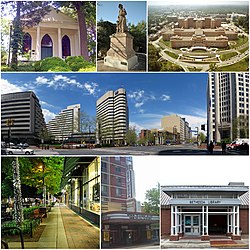 Dari atas kiri ke kanan: Rumah pertemuan Bethesda, Patung [[Madonna of the Trail]] , bangunan utama Institut Kesehatan Nasional, pusat kota Bethesda di dekat stasiun utama Bethesda Metro, Jalan raya utama Bethesda di malam hari, Teater Bethesda, and Perpustakaan Bethesda.