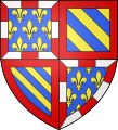 Blason de Bourgogne : Écartelé d'azur semé de fleurs de lys d'or, à la bordure componée d'argent et de gueules (de Touraine) ; et d'un bandé d'or et d'azur, à la bordure de gueules (de Bourgogne ancien).