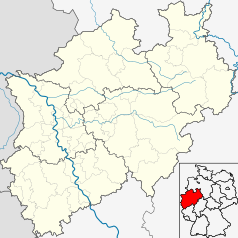 Mapa konturowa Nadrenii Północnej-Westfalii, po lewej znajduje się punkt z opisem „Rheinstadion”