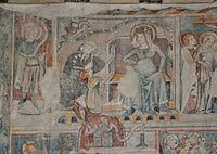 Fresco Doubting of Joseph, 1360. An angel appears to the sleeping Joseph, next to an enthroned Mary.