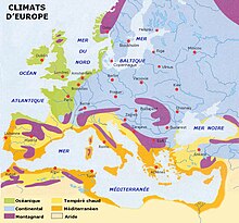 Carte : l'immense majorité de l'Europe est continentale, le nord-ouest océanique et le sud méditerranéen.