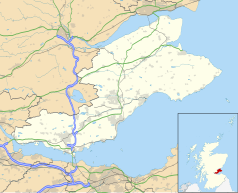 Mapa konturowa Fife, blisko centrum na prawo u góry znajduje się punkt z opisem „Cupar”