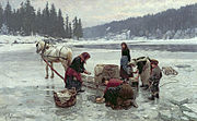 河を覆う氷にあけた穴で洗濯をする人々（ノルウェイ、1891年の絵画）