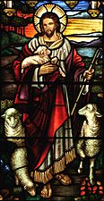 Jesus como o Bom Pastor (vitral na Igreja St John's Ashfield.