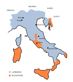 Vương quốc Lombardia (xanh) lúc mở rộng nhất, dưới thời Aistulf