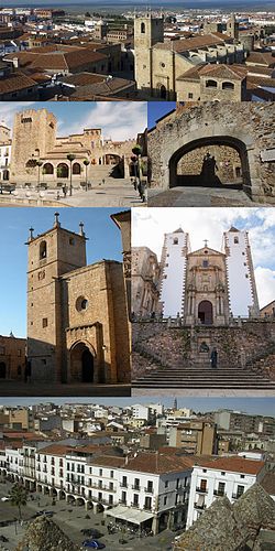 Kolaj gambar, Atas:Kawasan suci Caceres di Plaza de Santa Maria (Santa Maria Square), Kedua kiri:Torre de Bujaco (Menara Bujaco), Kedua kanan:Arco de la Estrella (Star Archway), Ketiga kiri:Gereja besar Caceres Santa Maria, Ketiga kanan:Gereja Caceres San Francisco Javier, Bawah:Majlis bandaran Datuk Bandar dan Pejabat Kota Caceres