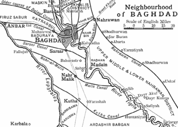 A map of ninth-century Iraq, showing Baghdad and Nahrawan canal