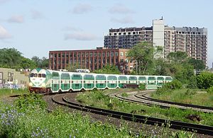GO Train south of Queen Street West, travelling eastbound to Union Station.