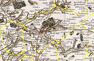 Extrait d'une carte de Cassini sur laquelle sont mentionnés la commune de Sainte-Maure-de-Touraine, ses lieux-dits et ses alentours, en région de Touraine.