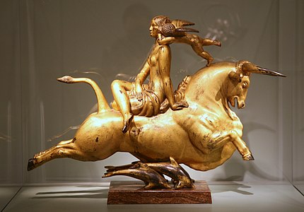 Zborul Europei (din bronz cu foiță de aur), de Paul Manship (1925), în Muzeul de Artă Americană "Whitney" (orașul New York)
