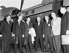 From left to right are Elliot See, Tom Stafford, Wally Schirra, John Glenn, Brainerd Holmes, Wernher von Braun, and Jim Lovell in 1962.