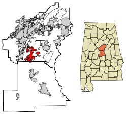 Location of Calera in Chilton County and Shelby County, Alabama.