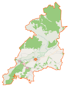 Mapa konturowa gminy Goniądz, na dole nieco na lewo znajduje się punkt z opisem „Downary”