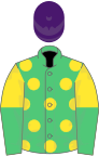 Emerald Green, Yellow spots, Yellow and Emerald Green halved sleeves, Purple cap