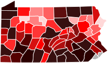A heat map of Pennsylvania denoting farm density by county.