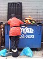 一名垃圾桶尋寶者從垃圾箱翻出可食用之食物廢棄物。