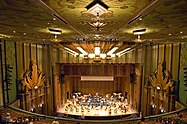 View from upper balcony facing stage inside the restored art deco interior of Fox Theater in Spokane, Washington