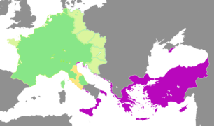 La Dalmatie à la limite des empires carolingien (vert) et byzantin (pourpre) en 814.