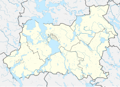 Mapa konturowa powiatu giżyckiego, u góry nieco na prawo znajduje się punkt z opisem „Kruklanki”